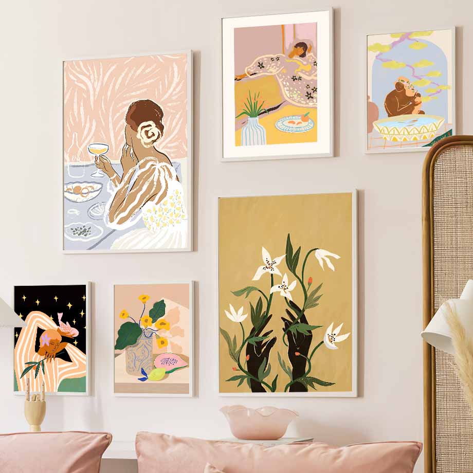 Retro Line Girl Lemon Flower LeafVase Abstract Gallery Poster And Prints Wall Art Canvas Painting Pictures For Living Room Decor