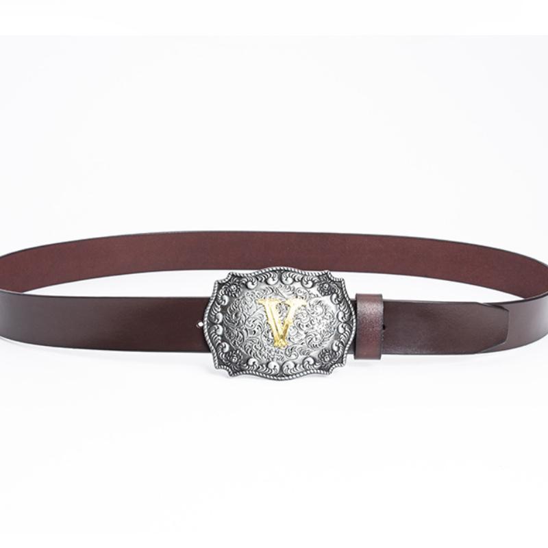 Retro Punk Two-layer Pure Cowhide Smooth Buckle Belt Men's W Letter Whole Leather Belt Jeans Belt
