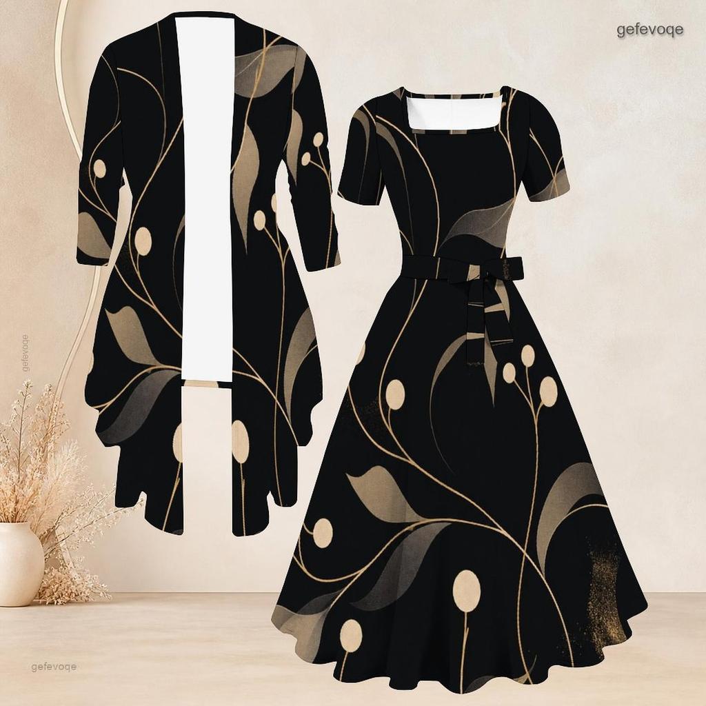 Women Plus Size Two Piece Set Printed Open Front Mid Sleeve Cardigan Square Neck Short Sleeve Tie Waist Flared Black Dress