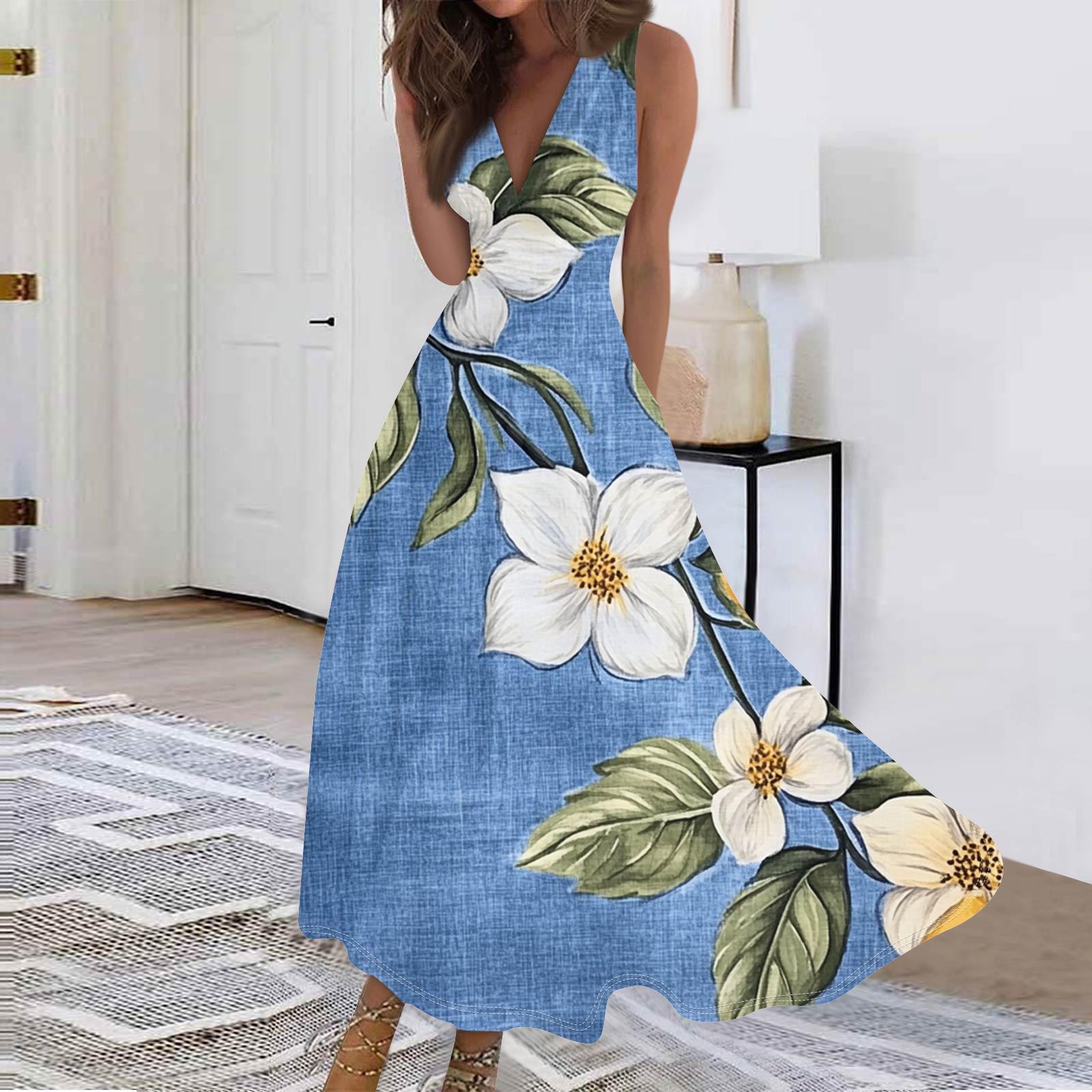 

Жіночі Модні Повсякденні Вільні Сукні з V-подібним Вирізом без Рукавів з Принтом L синій