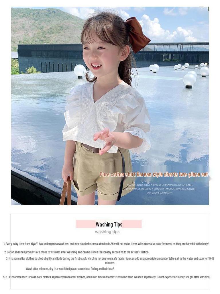 Summer Style Baby Girl Preppy White Shirt & Casual Shorts Set