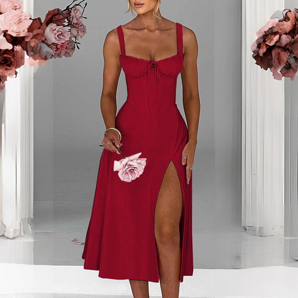 Sukienka damska w jednolitym kolorze, wiązana, dopasowana, z rozcięciem na ramiączkach