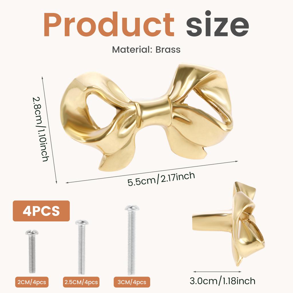 4Pcs Bow Knobs Brass Bow Shaped Drawer Knobs Decorative Gold Bow Pull Handles with Screws for Home Office Cabinet Closet