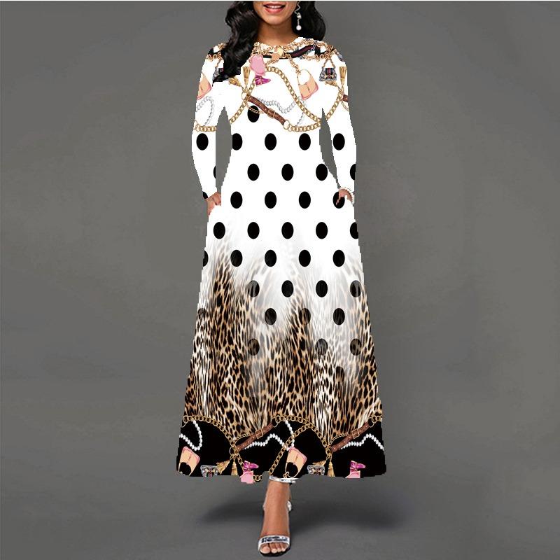 Women's large-size dress digital printing long-sleeved pendulum D temperament elegant