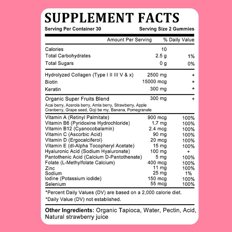 Hydrolysiertes Kollagen (Typ I II II V X), Biotin, Keratin, 60 Gummibärchen pro Flasche