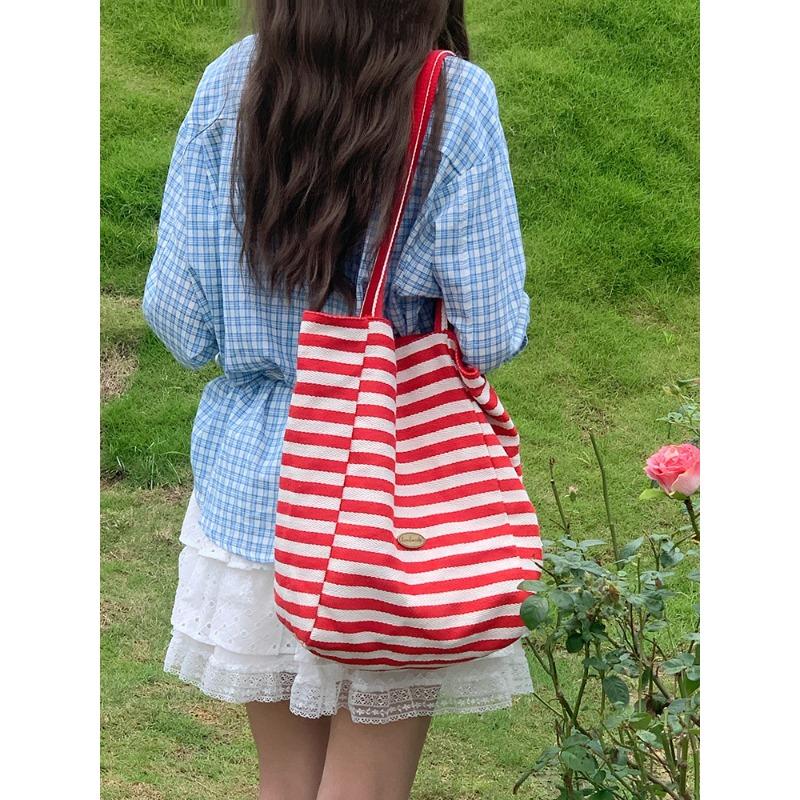 

Double-sided striped canvas bag Lazy wind large capacity shoulder tote bag Student casual shopping bag Female