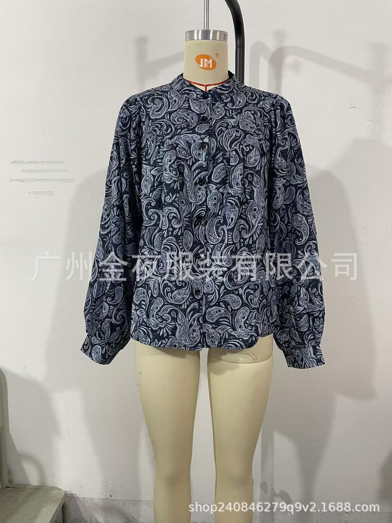 European and American Women's Clothing Elegant Temperament Commuting Floral Printing Lantern Sleeves Shirt Shirt Top Women