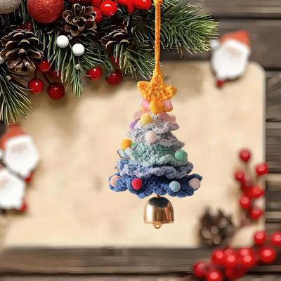 Holiday Party Decor Decorative Tree Hanging Charm Festive Knitted Christmas Tree Ornaments with Gold Jingle Bell for Holiday
