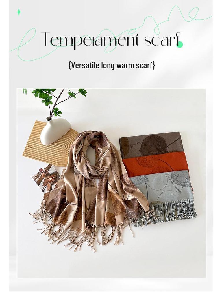 Long Digital Print Cashmere-Like Scarf, Leaf & Orange Design with Tassels, Warm Coffee Color Shawl for Women, Perfect for Spring & Autumn