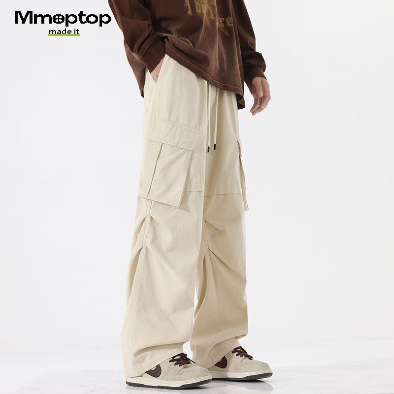 MMOPTOP Cotton Casual Pants for Men, Spring And Summer American Retro High Street Paratrooper Cargo Pants 8381 Off-White L