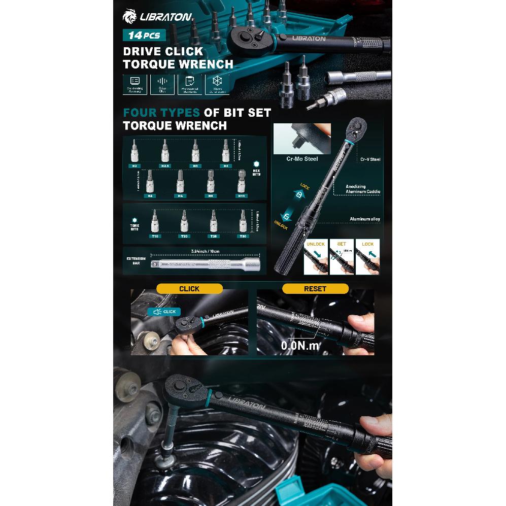 LIBRATON 1/4'' Bike Torque Wrench, 5-25Nm / 1-6Nm High Precision Torque Wrench, accuracy of ±3%, Square Drive Torque Wrench Set
