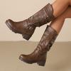2025 Retro Women Mid Calf Boots Round Toe Thick Heels 5cm Platform 2cm Zipper Belt Buckle Plus Size 44 45 Daily Bota
