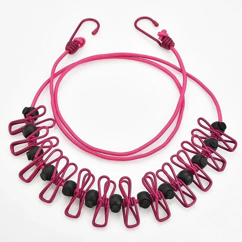 Portable Clothesline with 12 Clips Elastic Retractable Laundry Drying Rope Wind-Proof Clothes Hanging Line for Outdoor