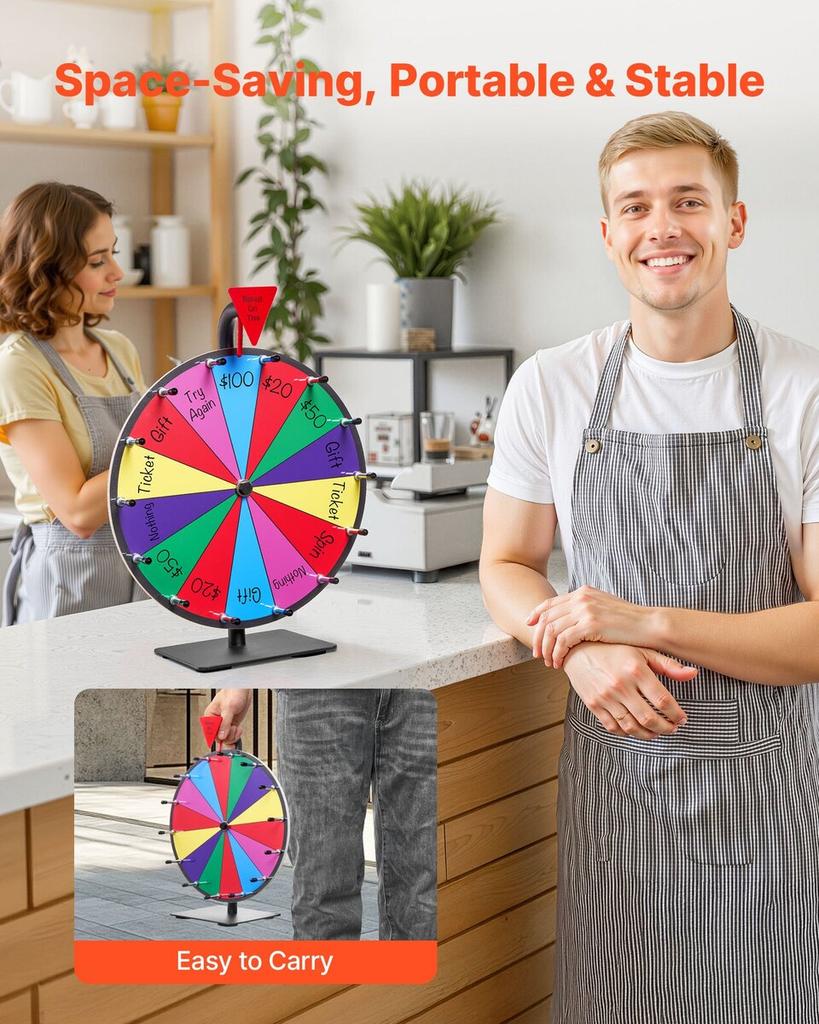 Ruota della Fortuna Rotante da 305 mm, Ruota Rotante a 14 Scomparti con Supporto, Roulette della Fortuna da Tavolo con Lavagna Cancellabile e 2 Pennarelli, 6 Colori, Facile