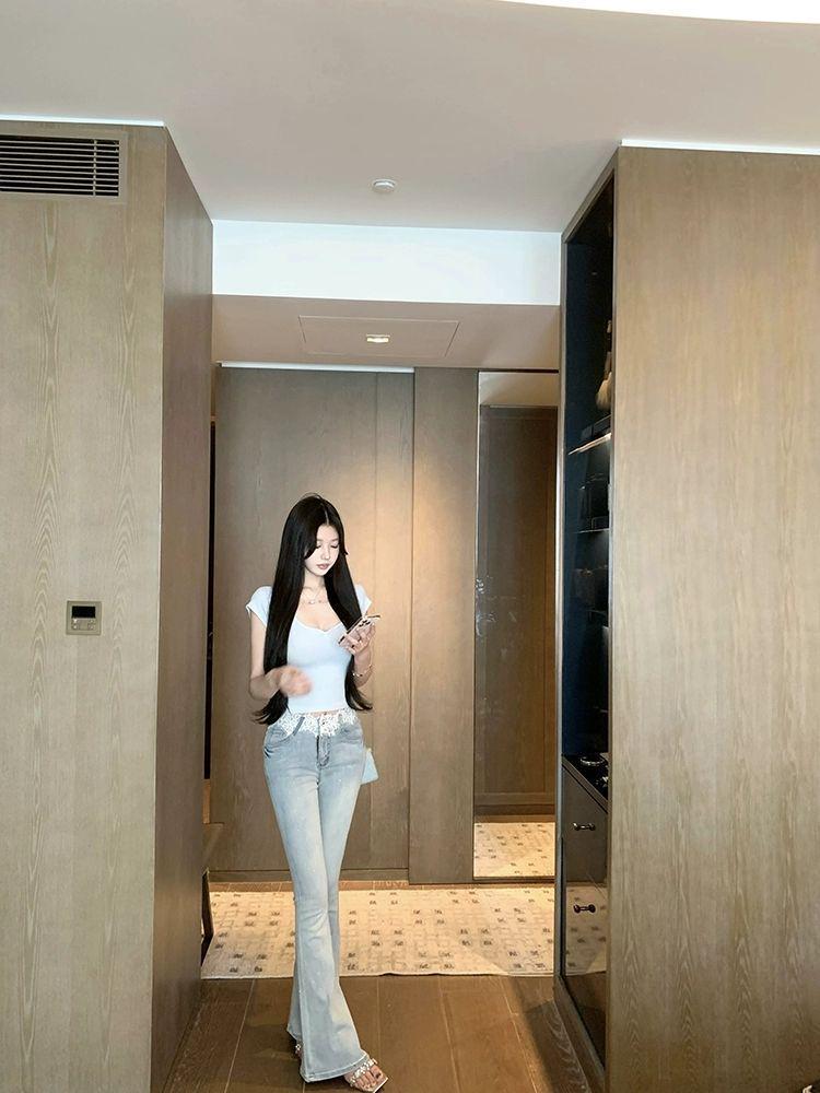 Dambyxor med strass, slimmande, hög midja, utsvängda ben - Extralånga, stretchiga, sommar 2025