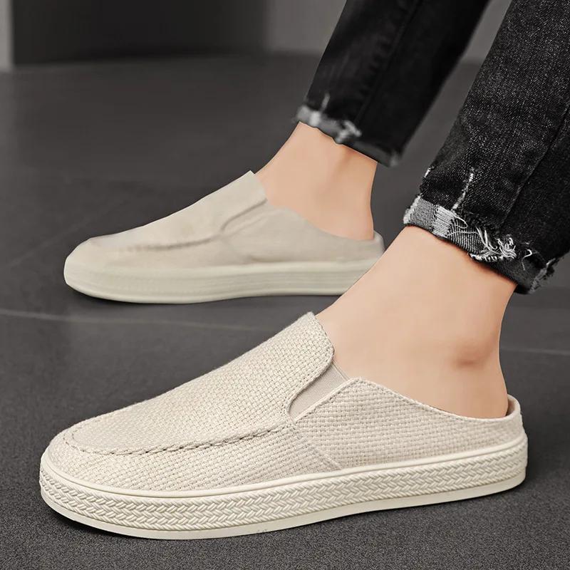 Mule Homme Été Nouvelles Chaussures Décontractées Demi-Mules Toile Respirante Semelle Souple Chaussure de Marche Légère Chaussures Vulcanisées