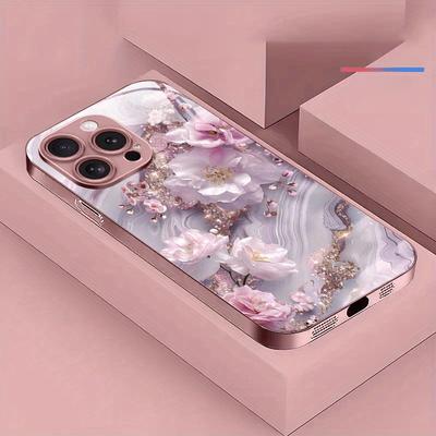 Capa de Vidro para Celular com Padrão de Flor de Cerejeira Rosa Sonho e Pintura Metálica Para iPhone 11 12 13 14 15 16 17 Pro Max Plus 17Air 16E