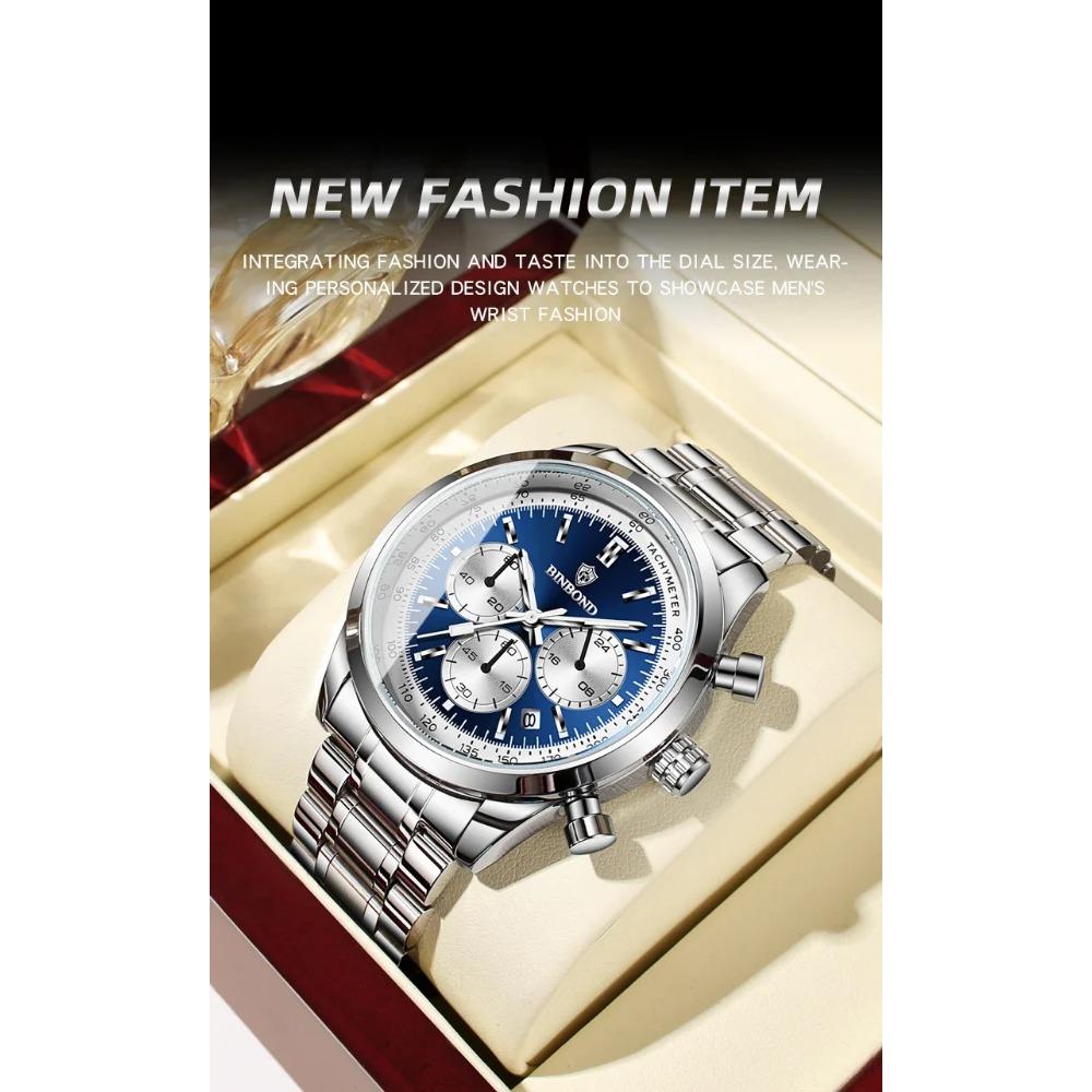 BINBOND Top Brand Luxury Man Watches Waterproof Luminous Date Chronograph Men's Quartz Watch Stainless Steel Sports Watch