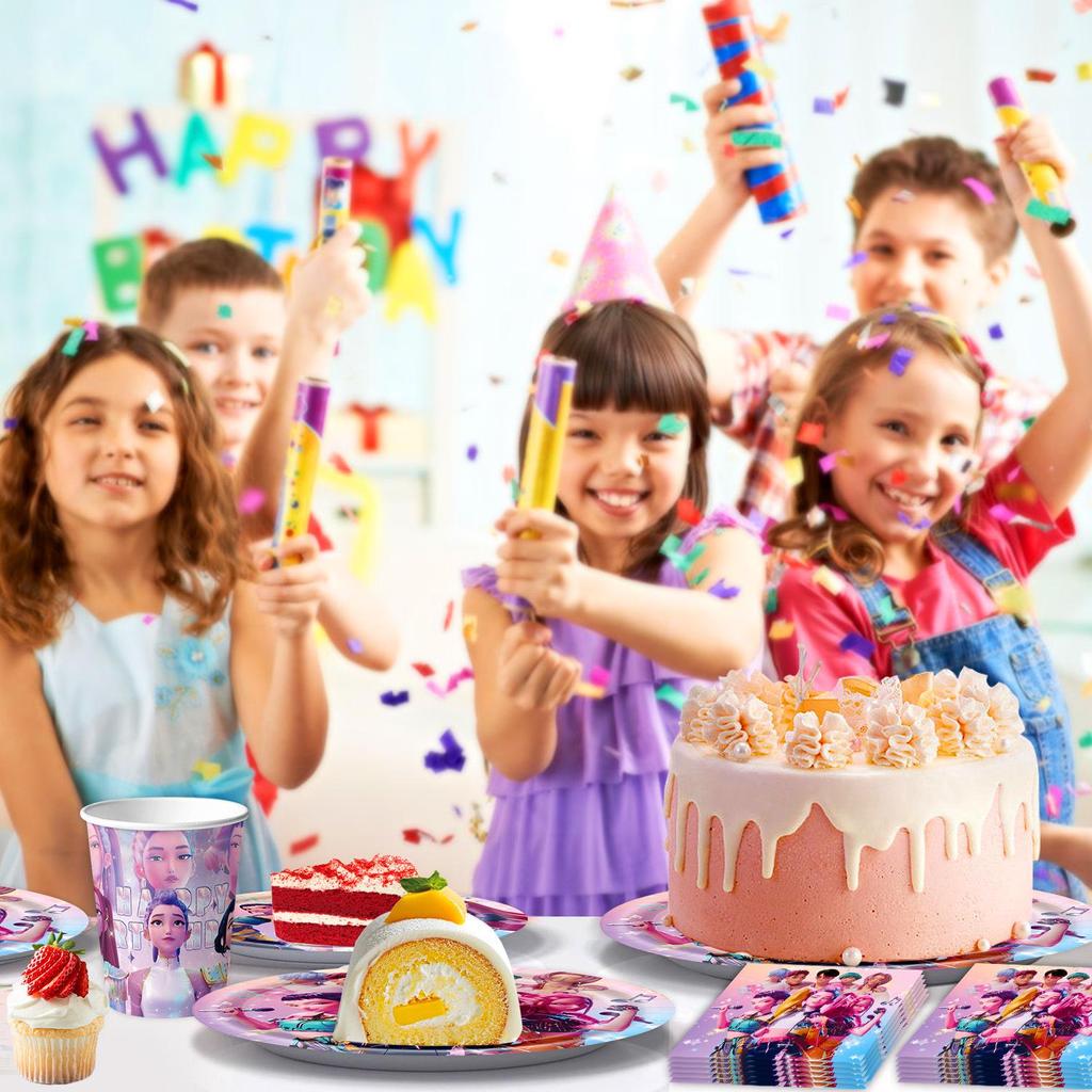 Demon Hunter K-POP Birthday Party Set: Paper Plates, Cups, Tableware, Banner, Flags