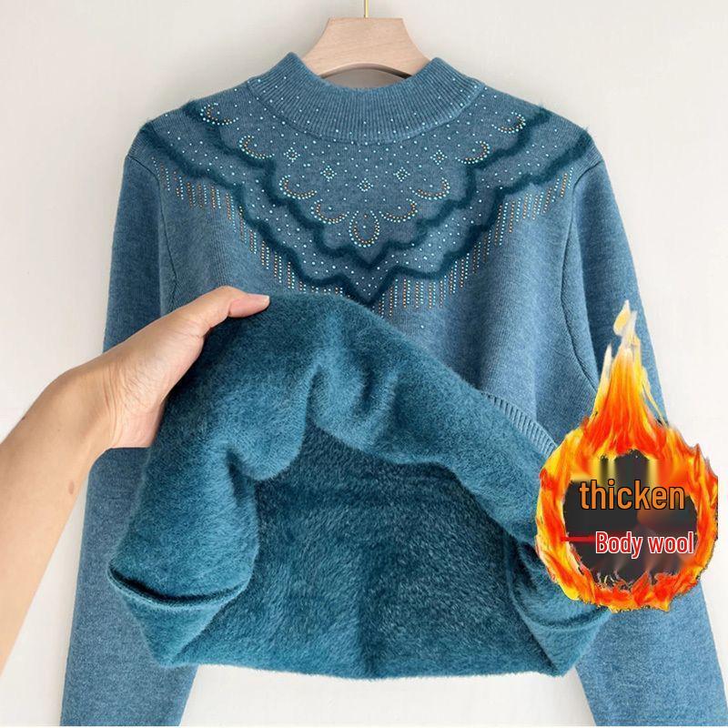 Dámský zimní svetr s polovičním vysokým límcem a silným fleecem - Módní volný střih