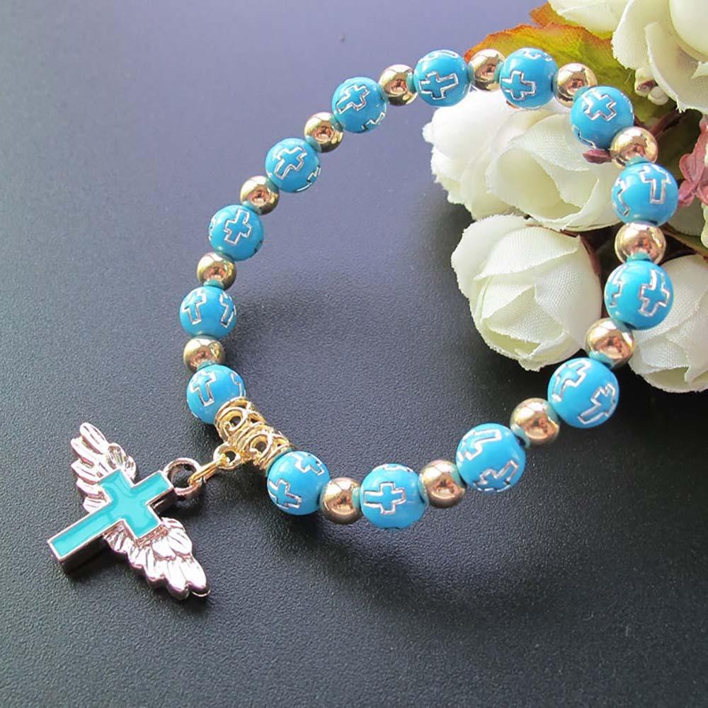 Exquisite Angel Wing Cross Rosary Bracelets Bronzing Acrylic Baptism Stretch Beaded Bracelets for Women Girls Religious Gift