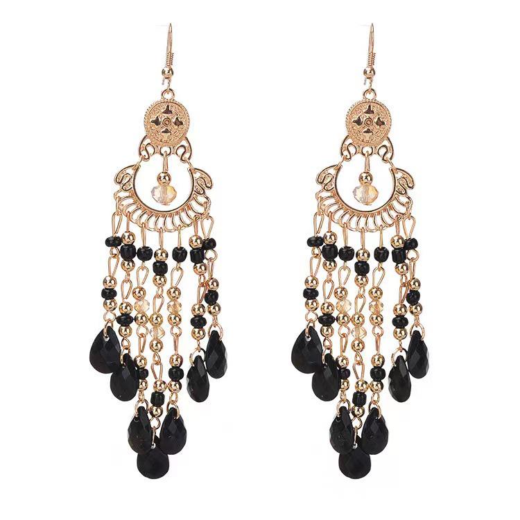 Bohemian Crystal Tassel Earrings - Ethnic Style, Slim Face, Exaggerated Design for Travel