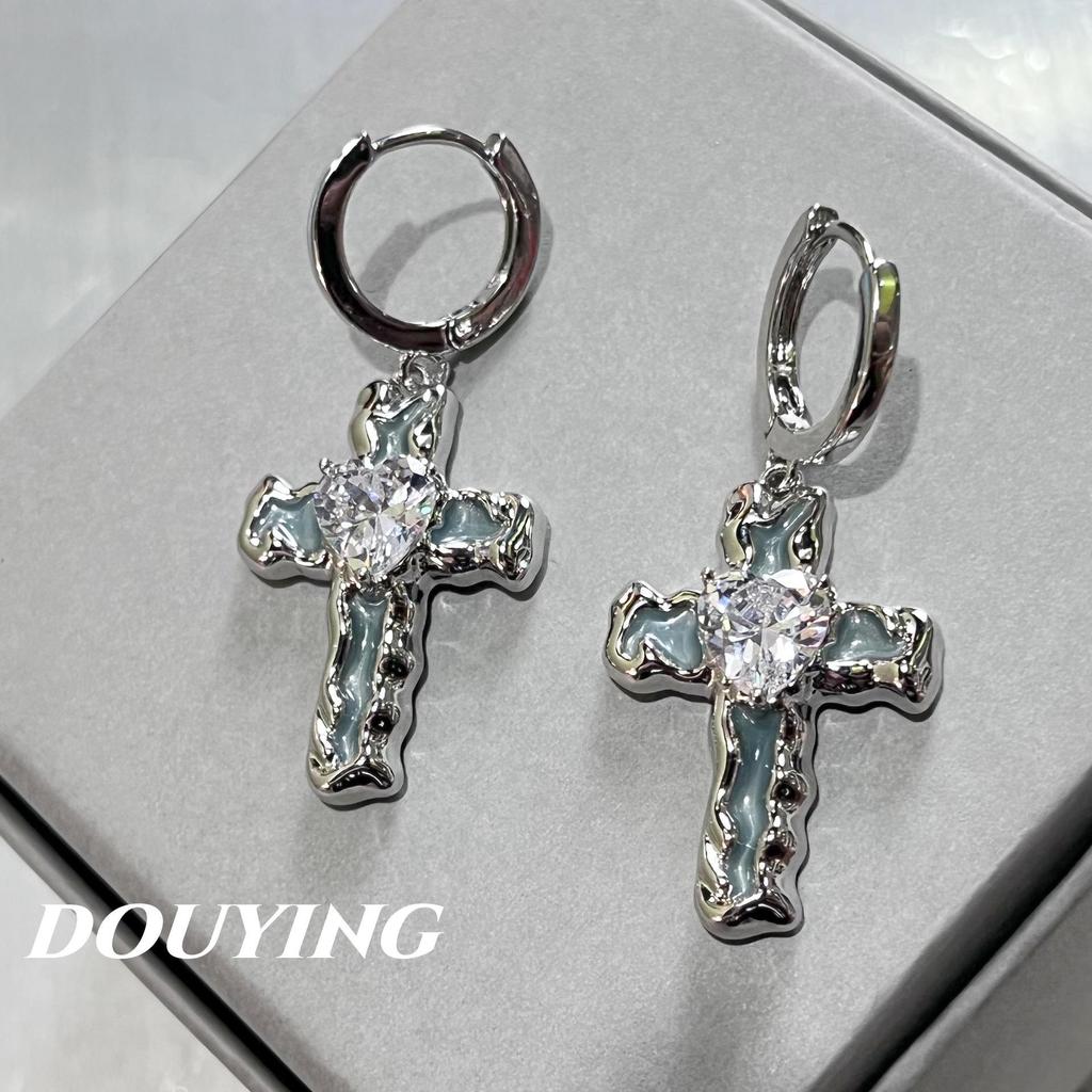 Niche Blue Drip Glaze Zircon Cross Ear Cuff - Women's Y2K Diamond-Studded Earrings