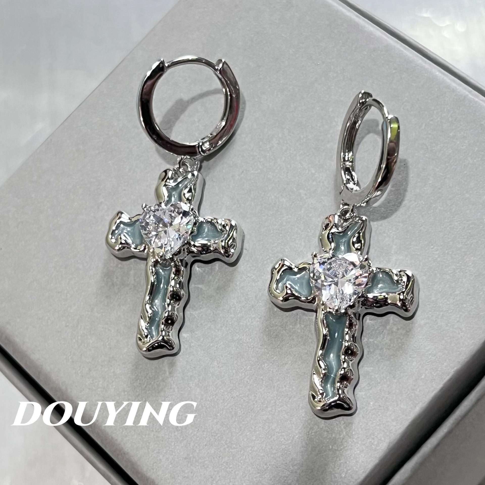 

Нішева синя глазур з патьоками, цирконова сережка-каф з хрестом - Жіночі сережки Y2K з діамантовим інкрустуванням