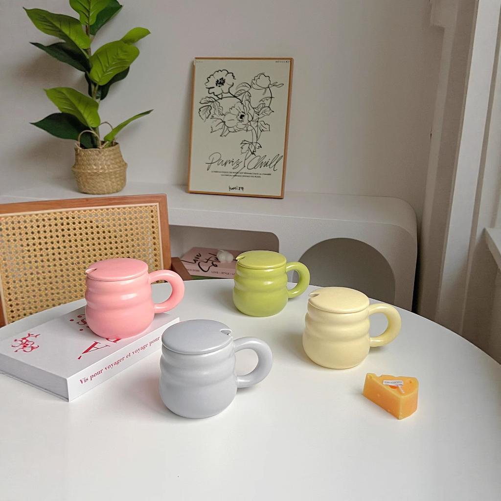Ceramic Cup Milk Coffee Mug Couple Cute Water Cup with Lid and Spoon Nordic Style