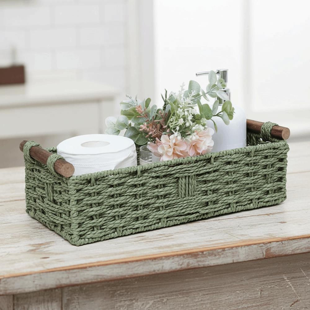 Retro Braided Toilet Paper Basket Wood Handle Ventilated Bathroom Storage Basket Handwoven Rectangular Sundry Storage Basket