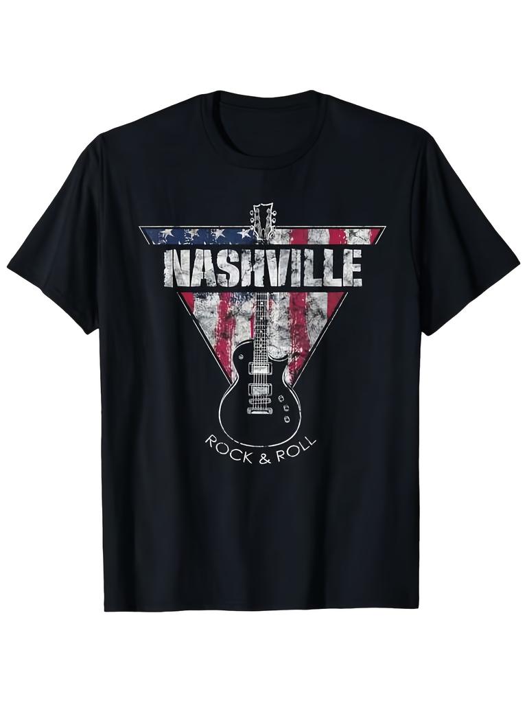 Distressed Patriotic Nashville Rock & Roll Graphic Tee Vintage Style Holiday Shoppers Streetwear Fashion Cartoon Print Breathable Material Round Neck