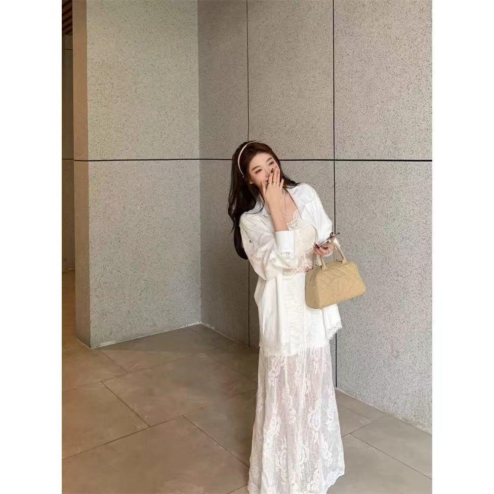Women's Lace Patchwork Long Sleeve Shirt with Polo Collar - Spring/Summer 2026 Vacation Style