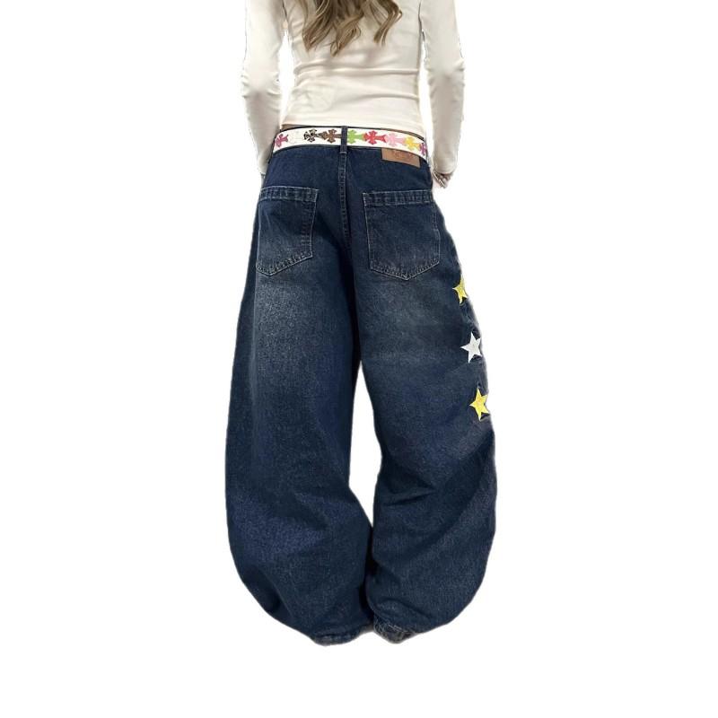 High-Waist Wide-Leg Jeans Men Women American Retro Star Patchwork Loose Casual Denim Pants