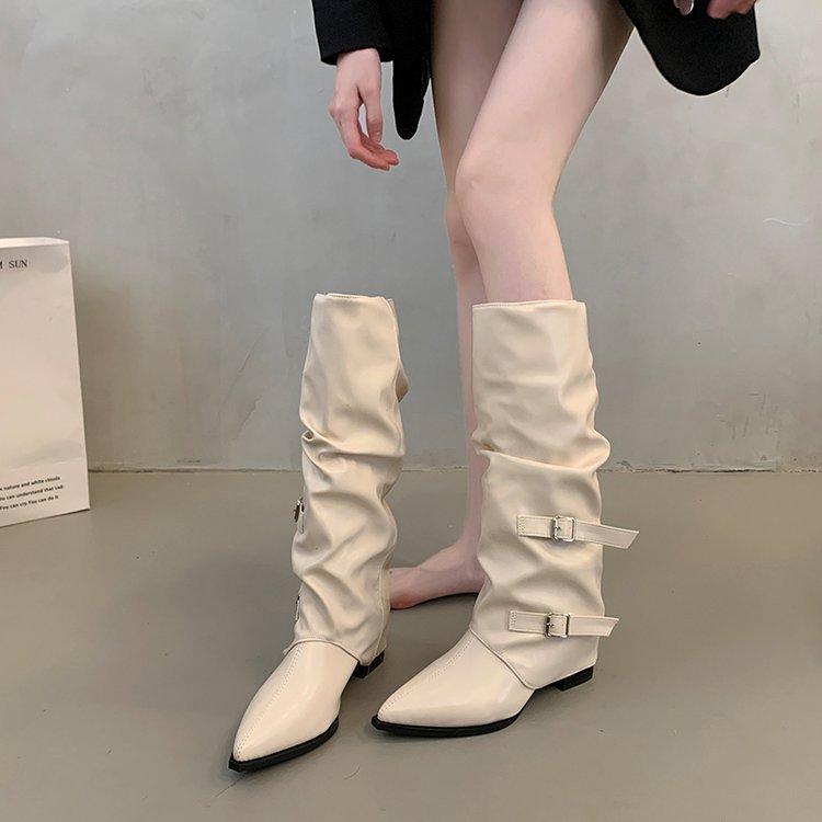 

2025 autumn and winter new pointed thick heel niche thin boots but knee fashion boots soft belt buckle trouser tube boots 39