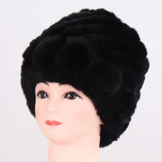 Hot Sale Winter Women Flower Striped Natural Real Fur Hats Lady Warm Knit Genuine Rex Rabbit Fur Caps Outdoor Fur Beanies Hats
