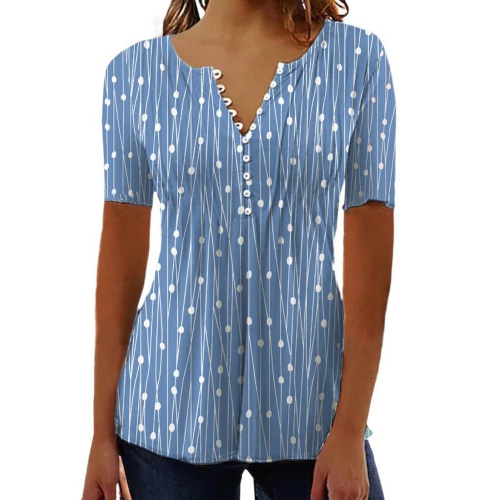 Spring Summer Women's V Neck Polka Dot Short Sleeve Shirt Casual Fashion Versatile Top for European American