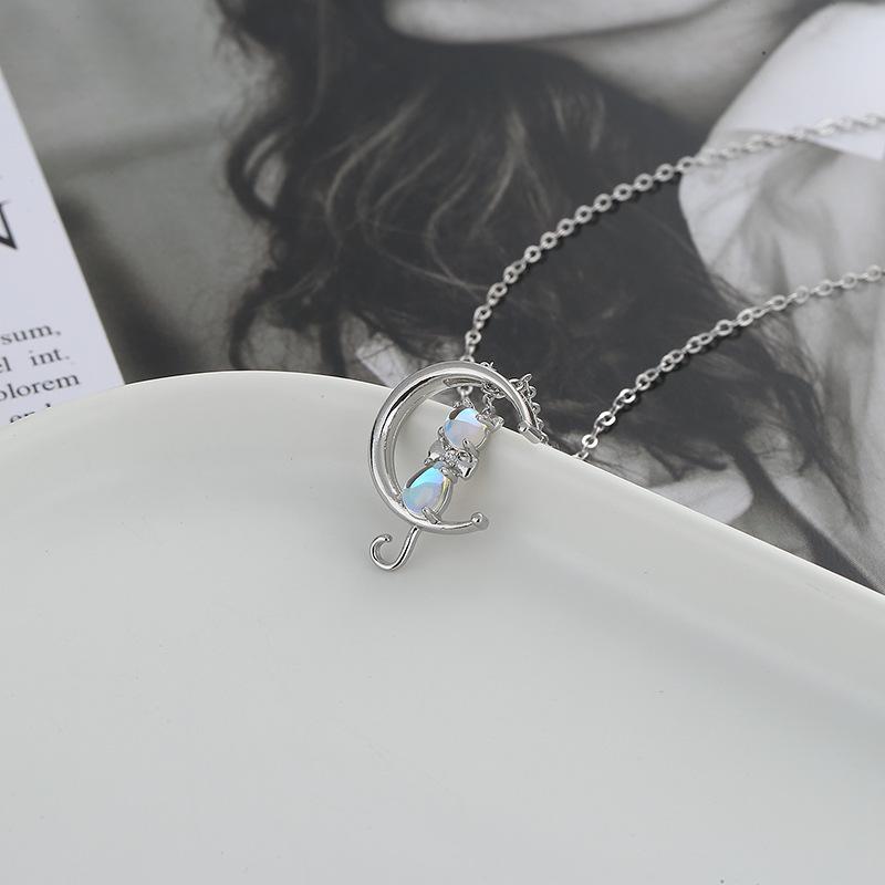 S925 Sterling Silver Chain Korean Version Cat On the Moon Zircon Clavicle Chain Elegant Women's Simple Moonlight Stone Cat Necklace