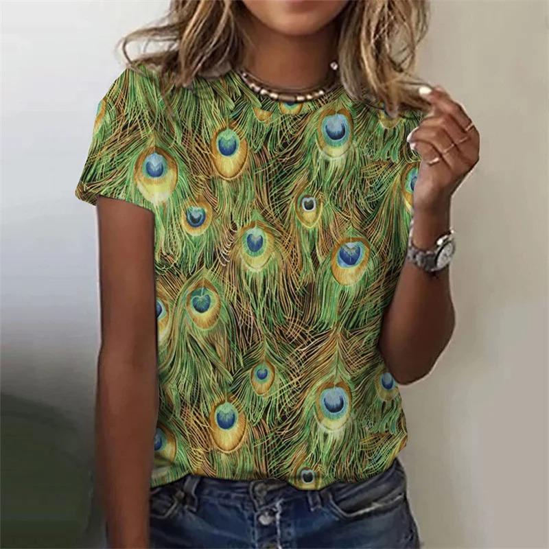 Summer Fashion Women's T-Shirt Peacock Feather 3D Printed Short Sleeve Tops Girl Loose Casual Loose Oversize Outdoor Clothing