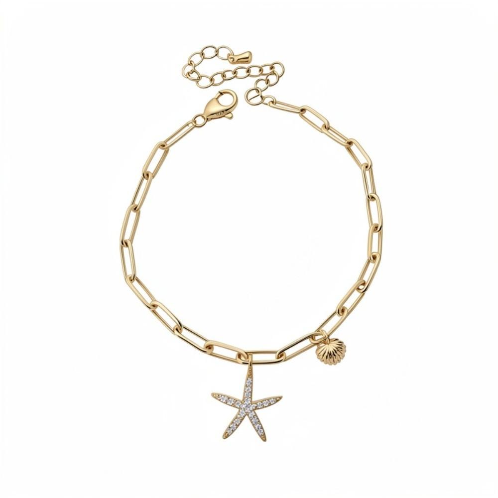 Copper Zircon Bohemian Shell Bangle Ornaments Beach Hand Chain Metal Shell Starfish Bracelet  Beach