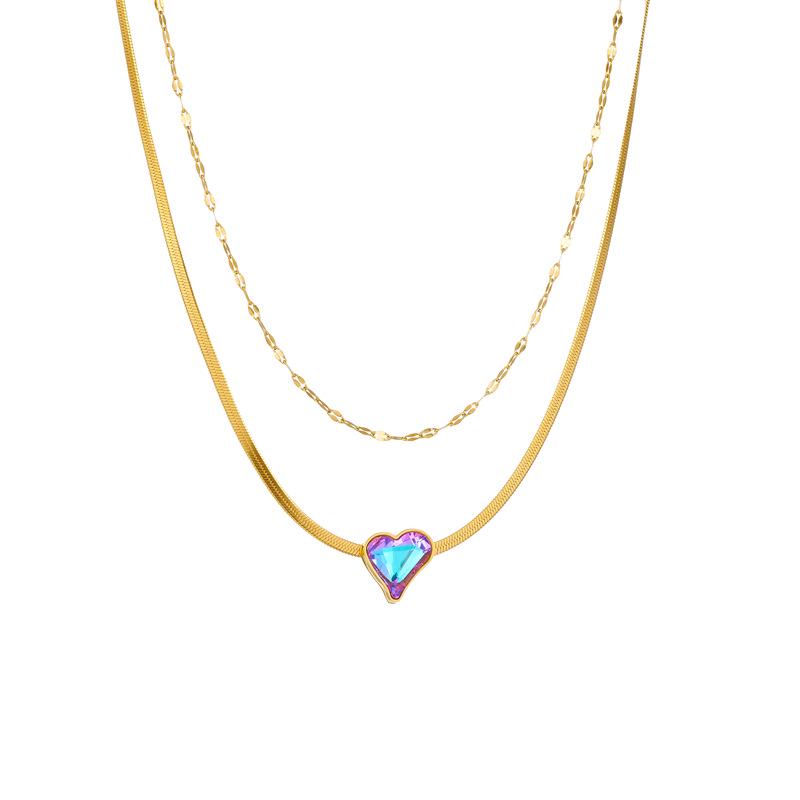 Titanium Steel Double Layer Gradient Heart Necklace with Inlaid Diamond – European and American Niche Sweet Cool Choker.