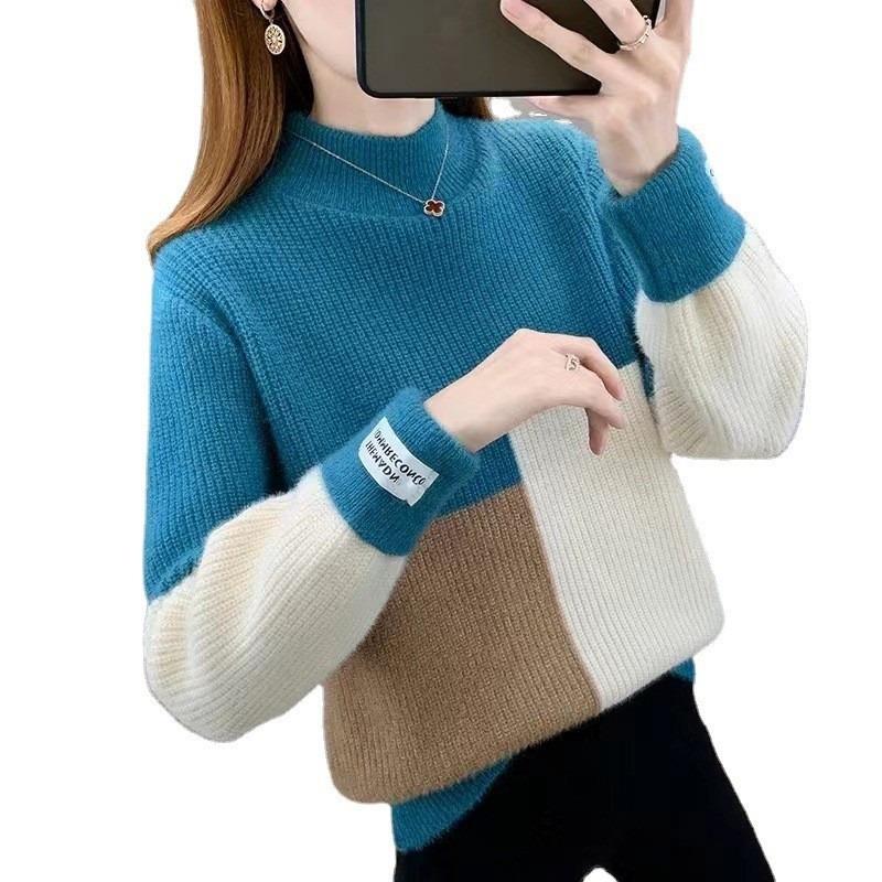 

Новый контрастный свитер с высоким воротником, женская одежда, одежда на осень и зиму, свободный крой, модная вязаная базовая рубашка, тренд One size синий
