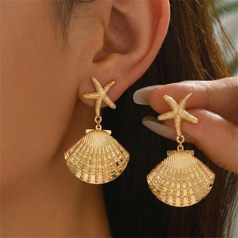 Exaggerated Large Metal Starfish Conch Drop Earrings for Women Ocean Style Long Tassel Piercing Earring Girl Beach Party Jewelry