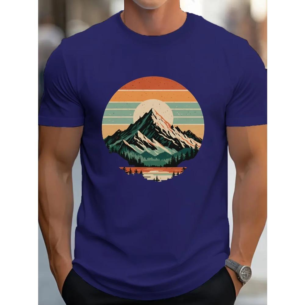 Men's summer 100 cotton fashionable sports casual loose retro snow mountain sunset printed round neck short sleeved T-shirt top