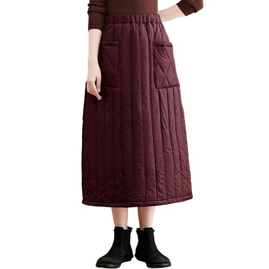 Women Down Skirt Elastic High Waist Large Swing Design Midi Skirt with Pockets Solid Color A-Line Windproof Skirt