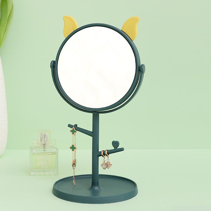 

Вращающееся на 270° зеркало для макияжа, милое настольное мультяшное большое круглое ожерелье для хранения, многофункциональное складное настольное зеркало для красоты Rabbit Ear-Green