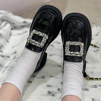 Lage Dikke Hakken Loafers Vrouwen Kleine Leren Schoenen Lolita Dames Strass Oxfords Platform Flats Femmes Ronde Neus Sneakers