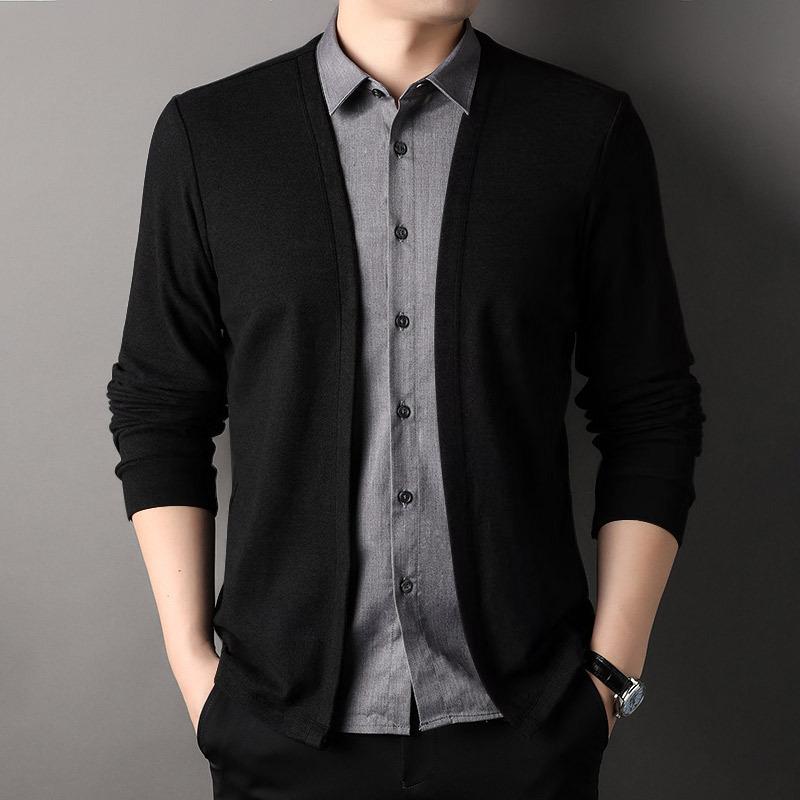 

Autumn Men s Fake Two-piece Shirt Sweater Cardigan Casual Business Sweater Sweater Jacket XXXXL чорний