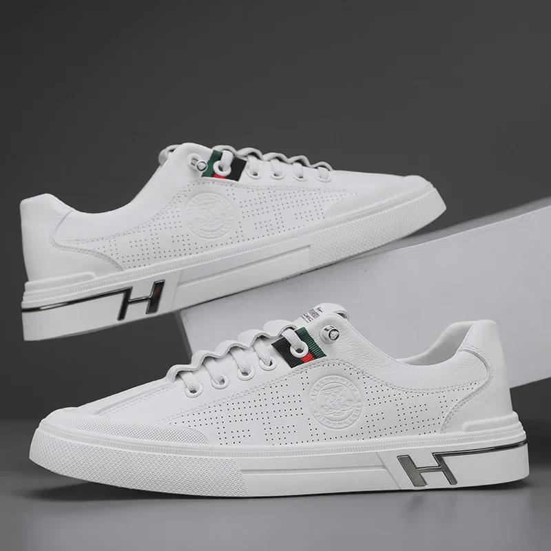 Men's 2025 Autumn Casual White Leather Slip-On Sneakers - Breathable, Versatile, Trendy Sports Shoes