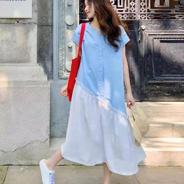 Design sense contrasting color splicing shirt dress women s summer new Korean version loose and thin irregular splicing dress S