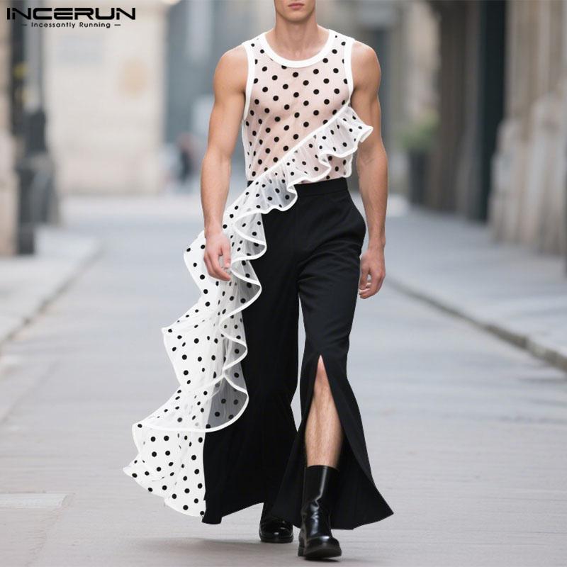 INCERUN Men Sleeveless See Through Mesh Sheer Ruffled Polka Dot Tank Tops